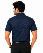 Men's Printed Regular Fit Formal Shirt | Ice Grey with Slate Grey Geometric Print | Premium | Pure Cotton | Half Sleeves | Single Chest Pocket