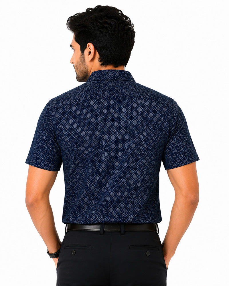 Men's Printed Regular Fit Formal Shirt | Ice Grey with Slate Grey Geometric Print | Premium | Pure Cotton | Half Sleeves | Single Chest Pocket