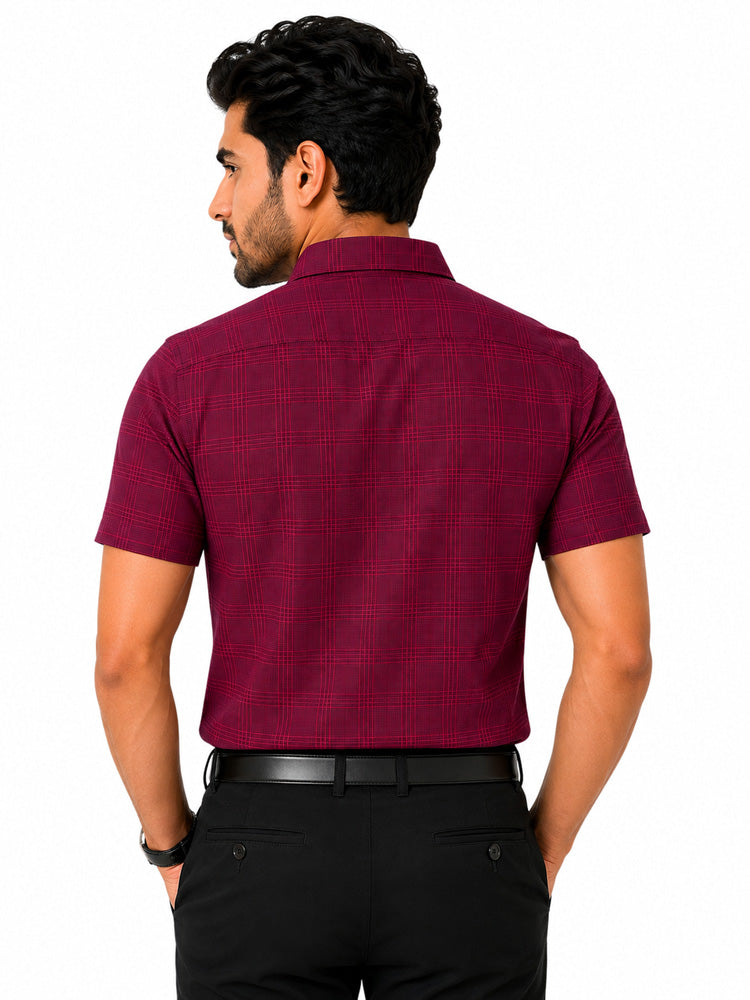 Men's Checkered Regular Fit Formal Shirt | Crimson Red with Self Checks | Premium | Pure Cotton | Half Sleeves | Single Chest Pocket