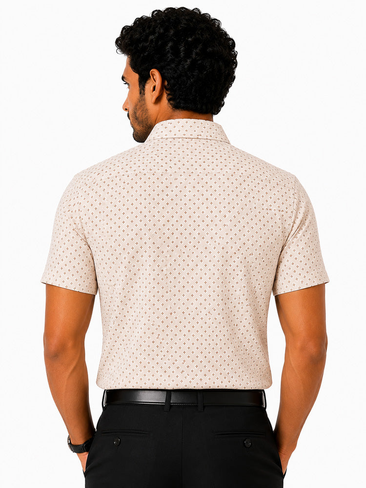 Men's Printed Slim Fit Semi Formal Shirt | Light Beige| Premium | Cotton | Half Sleeves | Single Chest Pocket
