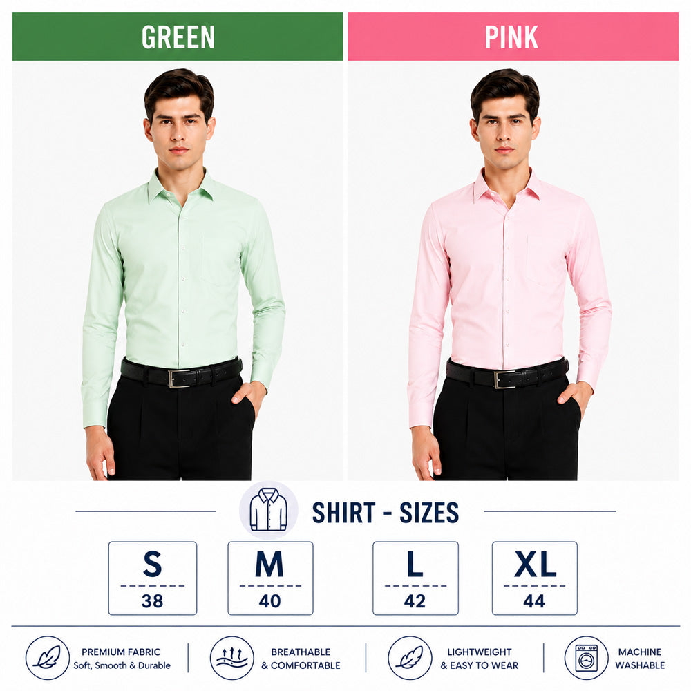 Clothizen Men's Solid Formal Shirt pack of 2 | Green | Pink | Premium | Cotton Enriched | Full Sleeves | Comfort Fit | Single Chest Pocket Secondary image