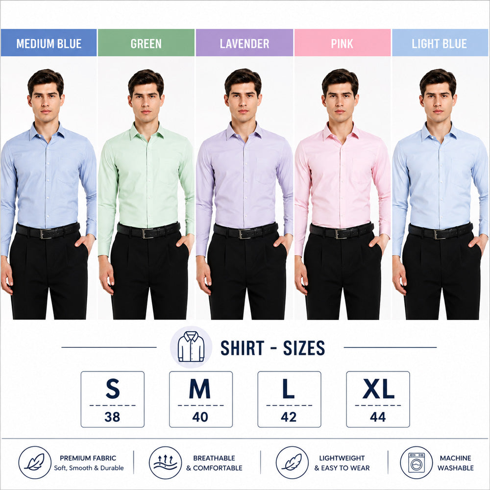 Clothizen Men's Solid Formal Shirt pack of 5 | Medium Blue| Green | Lavender | Pink | Light Blue | Premium | Cotton Enriched | Full Sleeves | Comfort Fit | Single Chest Pocket