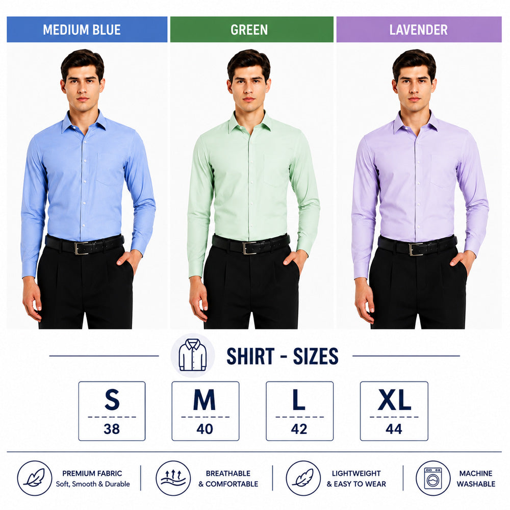 Clothizen Men's Solid Formal Shirt pack of 3 | Green | Lavender | Medium Blue | Premium | Cotton Enriched | Full Sleeves | Comfort Fit | Single Chest Pocket