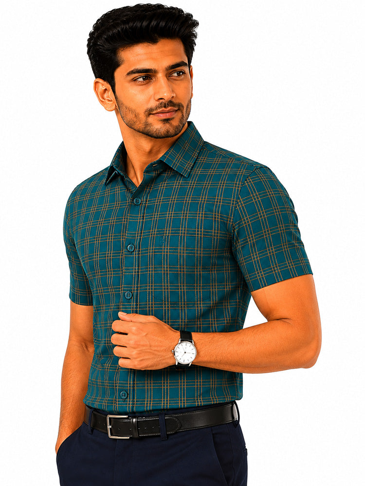 Men's Checkered Regular Fit Formal Shirt | Charcoal Grey with Copper Checks | Premium | Pure Cotton | Half Sleeves | Single Chest Pocket