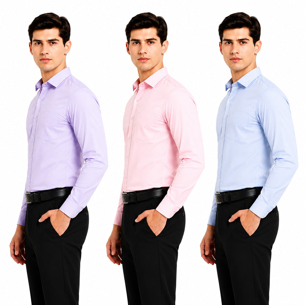 Clothizen Men's Solid Formal Shirt pack of 3 | Light Blue | Lavender | Pink | Premium | Cotton Enriched | Full Sleeves | Comfort Fit | Single Chest Pocket