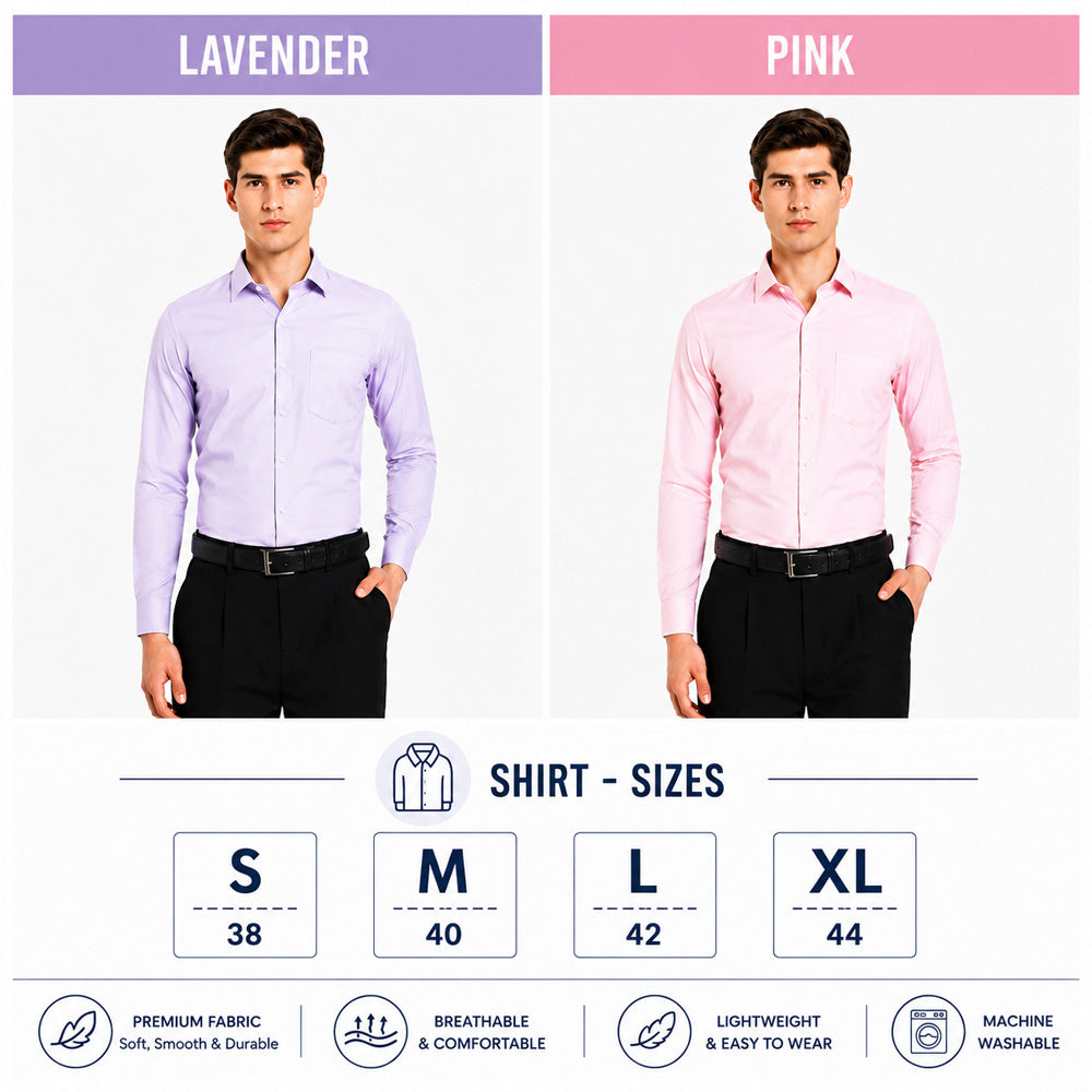Clothizen Men's Solid Formal Shirt pack of 2 Lavender | Pink| Premium | Cotton Enriched | Full Sleeves | Comfort Fit | Single Chest Pocket