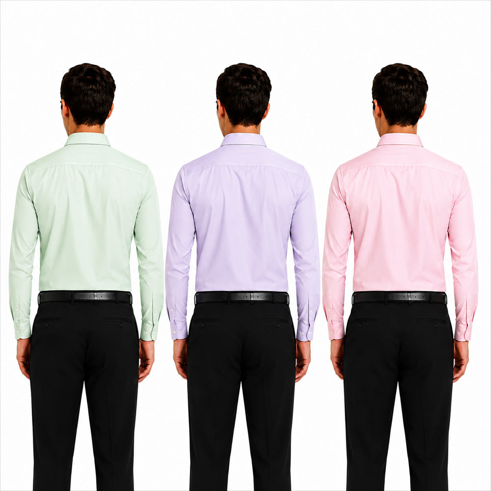 Clothizen Men's Solid Formal Shirt pack of 3 | Green | Lavender | Pink | Premium | Cotton Enriched | Full Sleeves | Comfort Fit | Single Chest Pocket