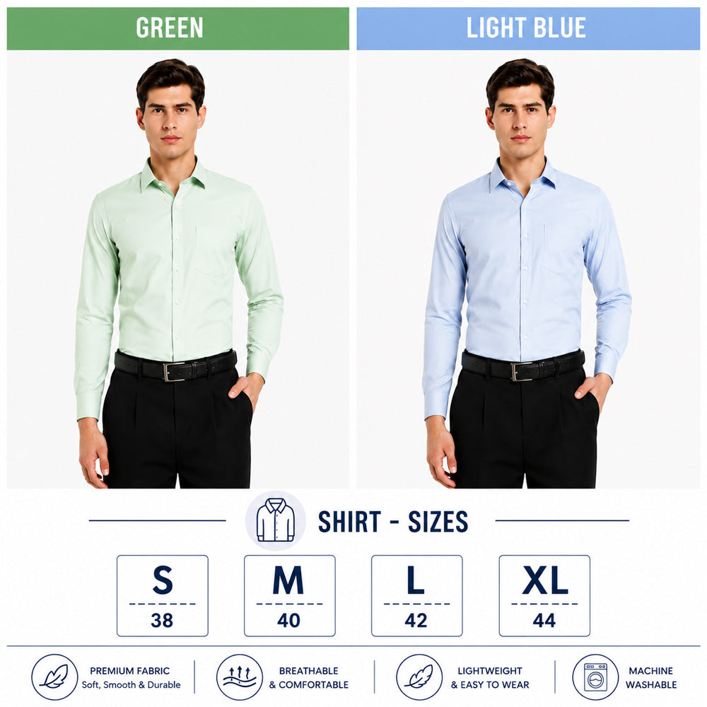 Clothizen Men's Solid Formal Shirt pack of 2 | Green | Light Blue | Premium | Cotton Enriched | Full Sleeves | Comfort Fit | Single Chest Pocket