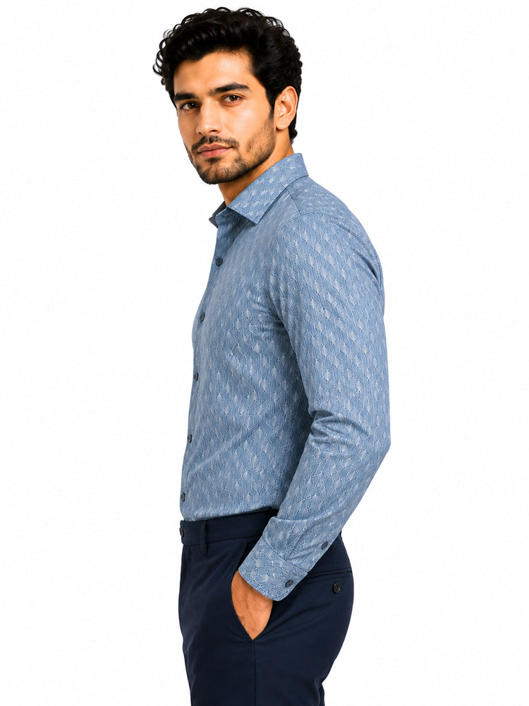 Men's Printed Regular Fit Formal Shirt | Aqua Blue | Premium |100% Satin Cotton | Full Sleeves | Single Chest Pocket