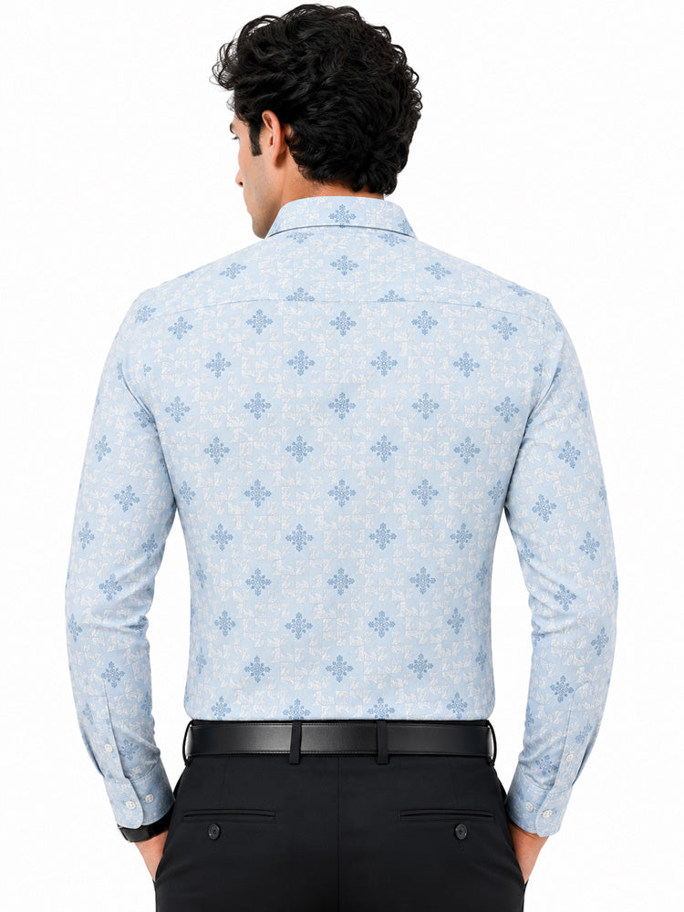 Men's Printed Regular Fit  Semi   Formal Shirt | Sky Blue | Premium | 100% Cotton | Full Sleeves | Single Chest Pocket