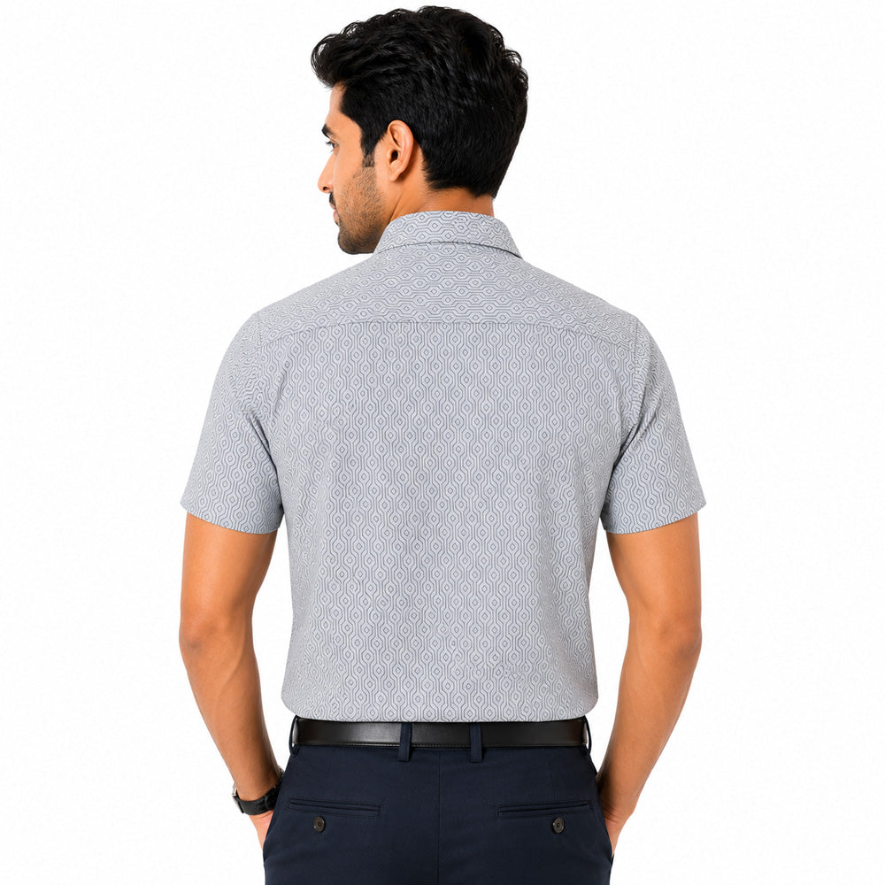 Men's Printed Regular Fit Formal Shirt | Ice Grey with Slate Grey Geometric Print | Premium | Pure Cotton | Half Sleeves | Single Chest Pocket