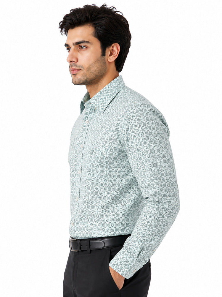 Men's Printed Regular Fit Formal Shirt |Aqua Blue Premium |100% Satin Cotton | Full Sleeves | Single Chest Pocket