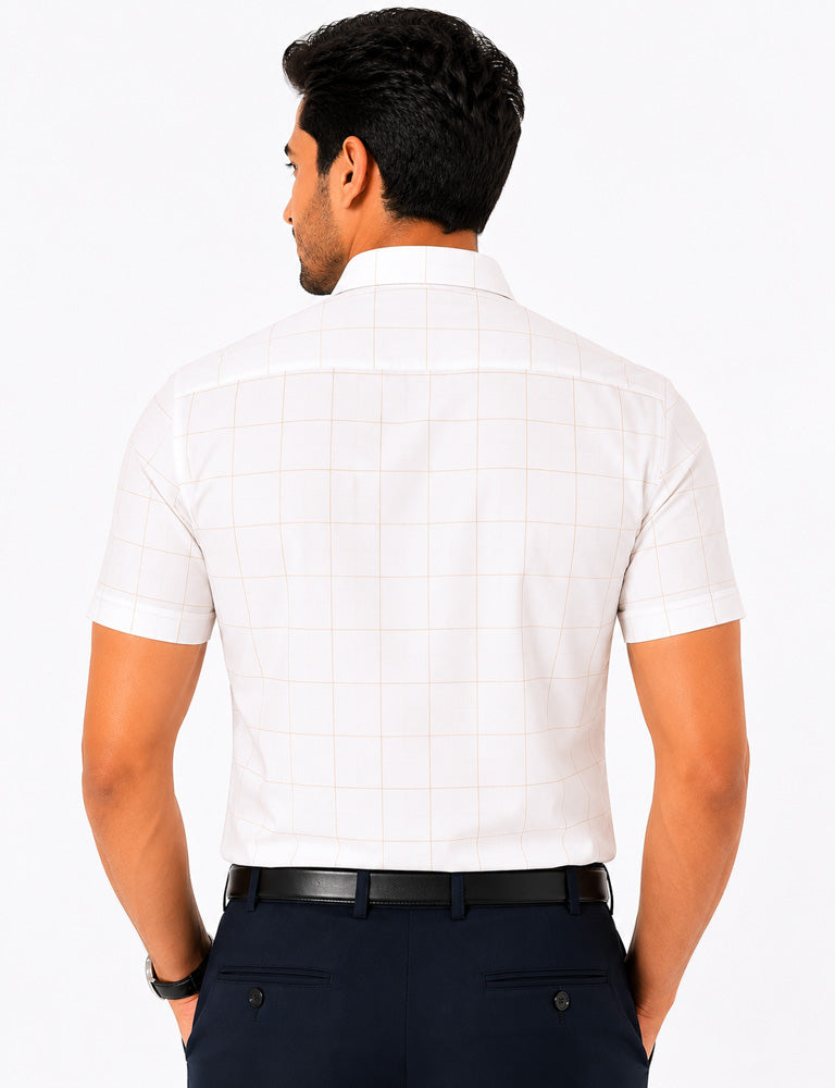 Men's Checkered Regular Fit Formal Shirt | White with Black Checks | Premium | Pure Cotton | Half Sleeves | Single Chest Pocket