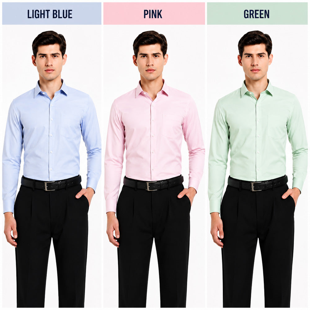 Clothizen Men's Solid Formal Shirt pack of 3 | Light Blue | Green | Pink | Premium | Cotton Enriched | Full Sleeves | Comfort Fit | Single Chest Pocket