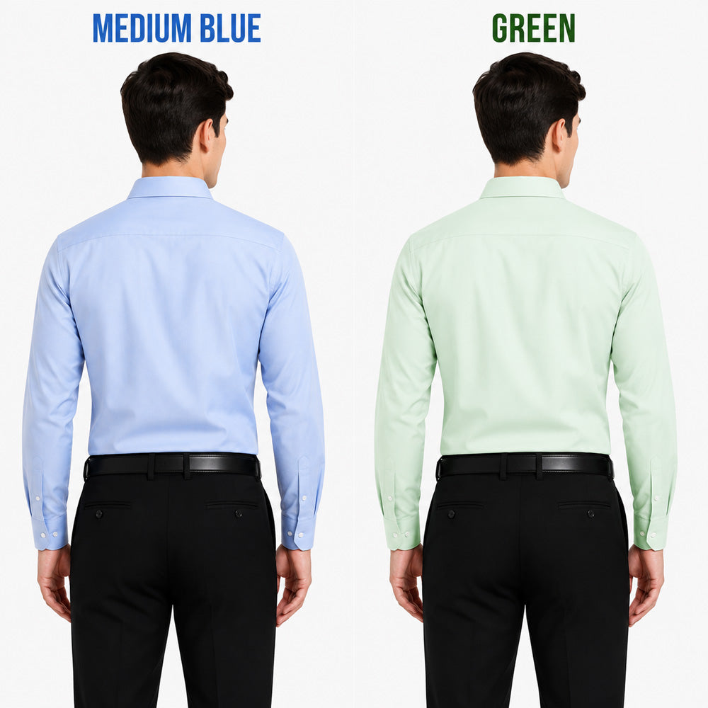 Clothizen Men's Solid Formal Shirt pack of 2 Medium Blue | Green| Premium | Cotton Enriched | Full Sleeves | Comfort Fit | Single Chest Pocket