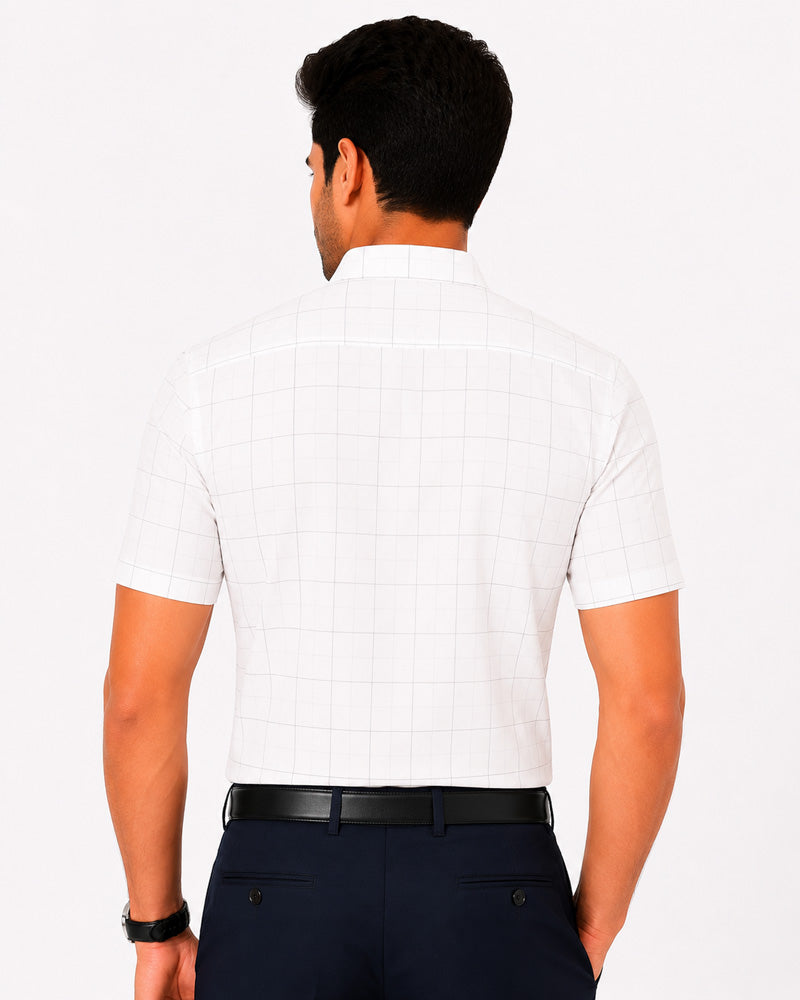 Men's Checkered Regular Fit Formal Shirt | White with Black Checks | Premium | Pure Cotton | Half Sleeves | Single Chest Pocket
