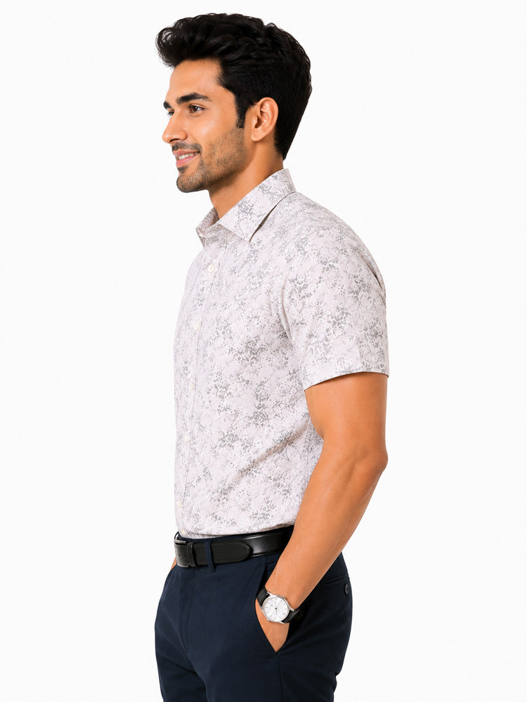 Men's Printed Slim Fit Semi Formal Shirt | Ivory White with Silver Grey Floral Print | Premium | 100% Cotton | Half Sleeves | Single Chest Pocket
