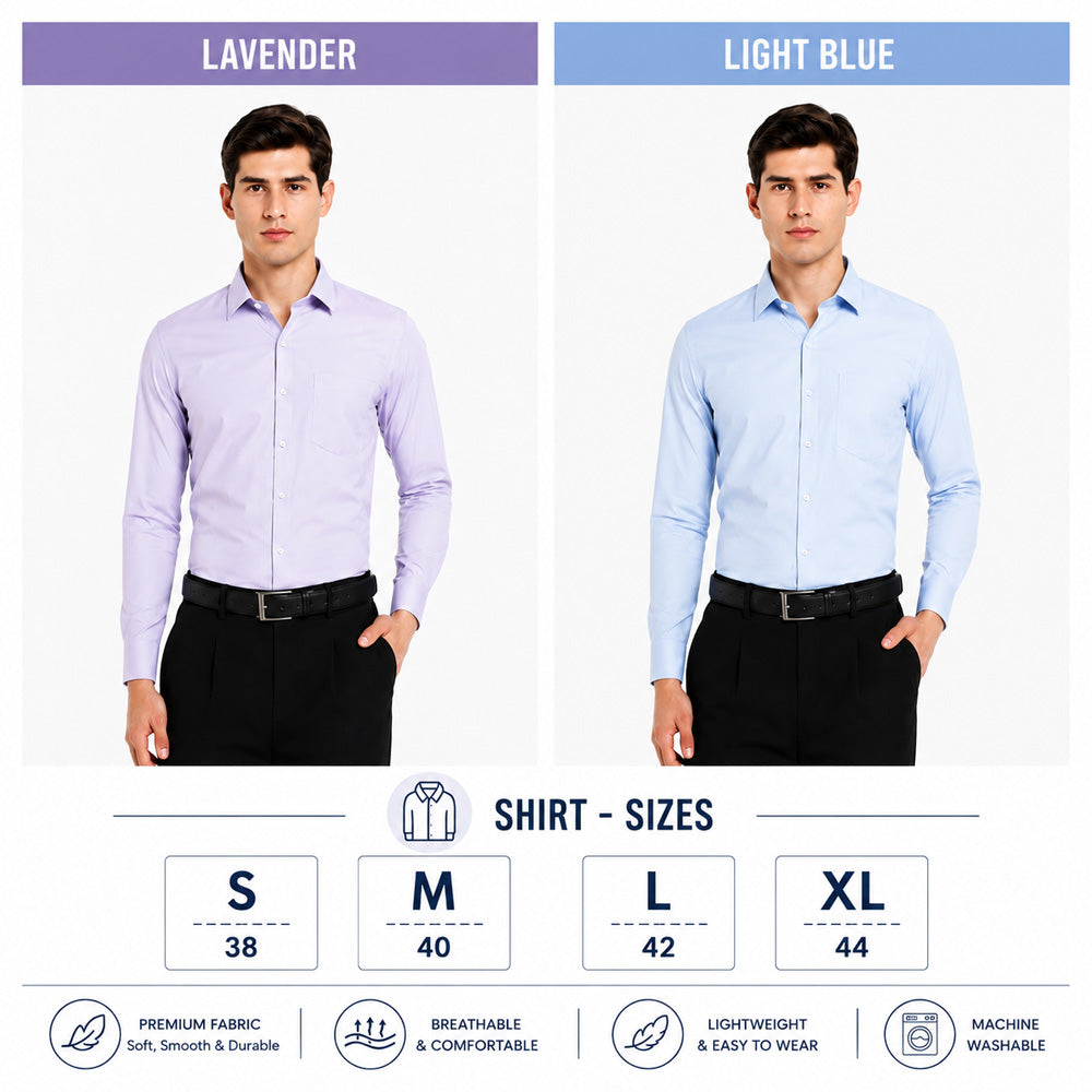Clothizen Men's Solid Formal Shirt pack of 2 Light Blue | Lavender | Premium | Cotton Enriched | Full Sleeves | Comfort Fit | Single Chest Pocket Secondary image