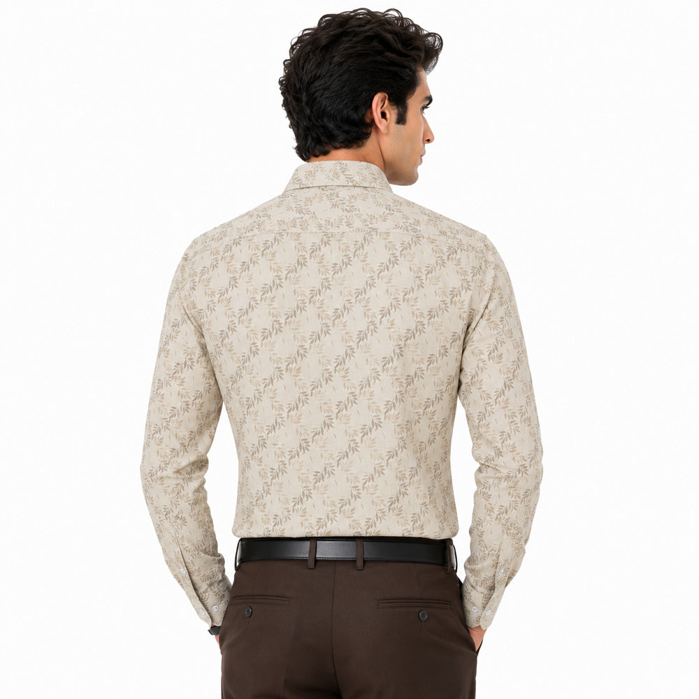 Men's Printed Regular Fit Semi Formal Shirt | Cream | Premium | Cotton Enriched | Full Sleeves | Single Chest Pocket
