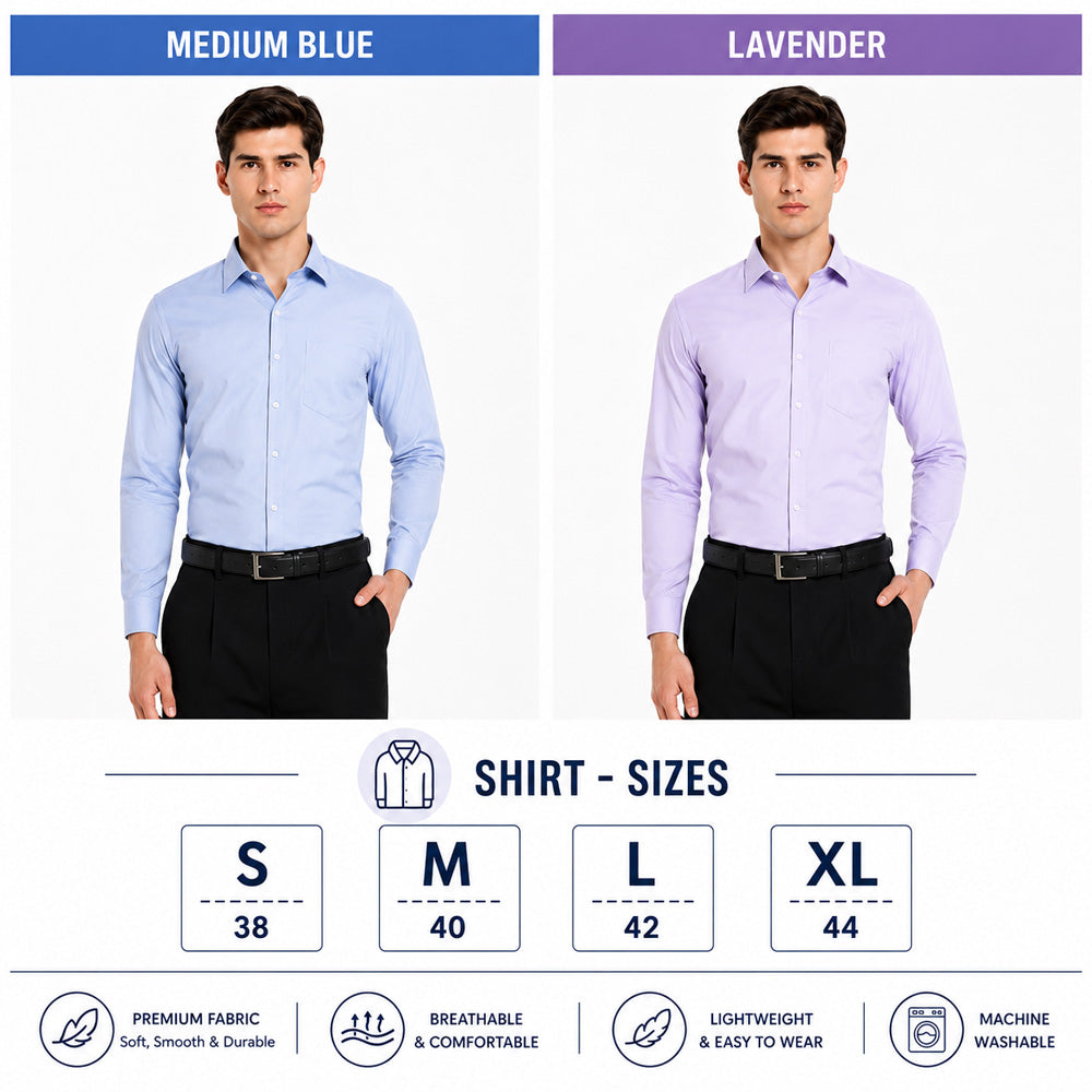 Clothizen Men's Solid Formal Shirt pack of 2 Medium Blue | Lavender | Premium | Cotton Enriched | Full Sleeves | Comfort Fit | Single Chest Pocket