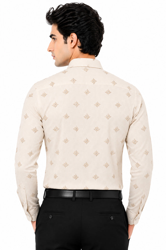 Men's Printed Regular Fit Semi Formal Shirt | Light Grey | Premium | Cotton Enriched | Full Sleeves | Single Chest Pocket