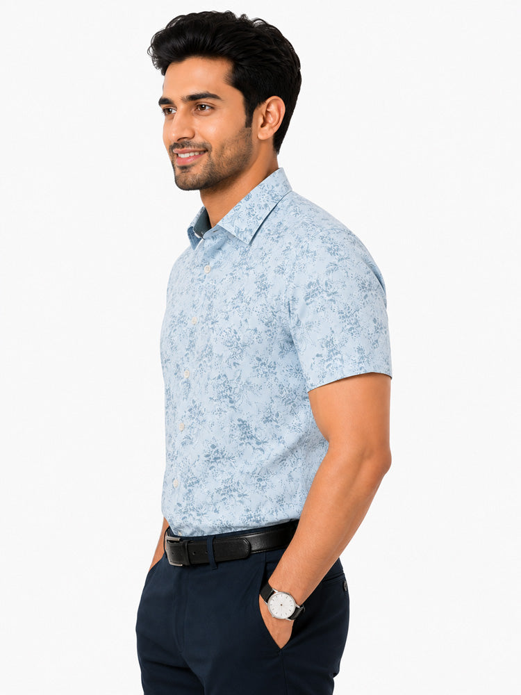 Men's Printed Slim Fit Semi Formal Shirt | Ivory White with Silver Grey Floral Print | Premium | 100% Cotton | Half Sleeves | Single Chest Pocket