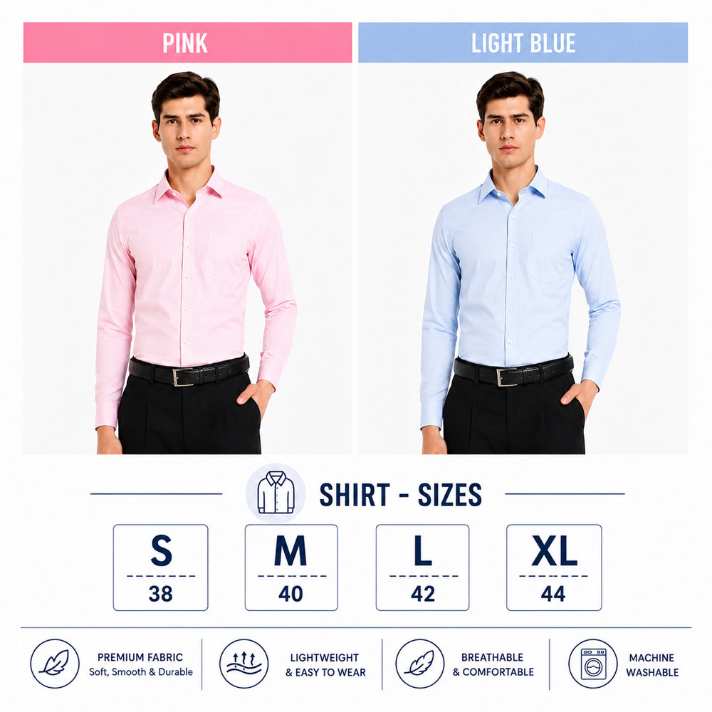 Clothizen Men's Solid Formal Shirt pack of 2 Light Blue | Pink | Premium | Cotton Enriched | Full Sleeves | Comfort Fit | Single Chest Pocket