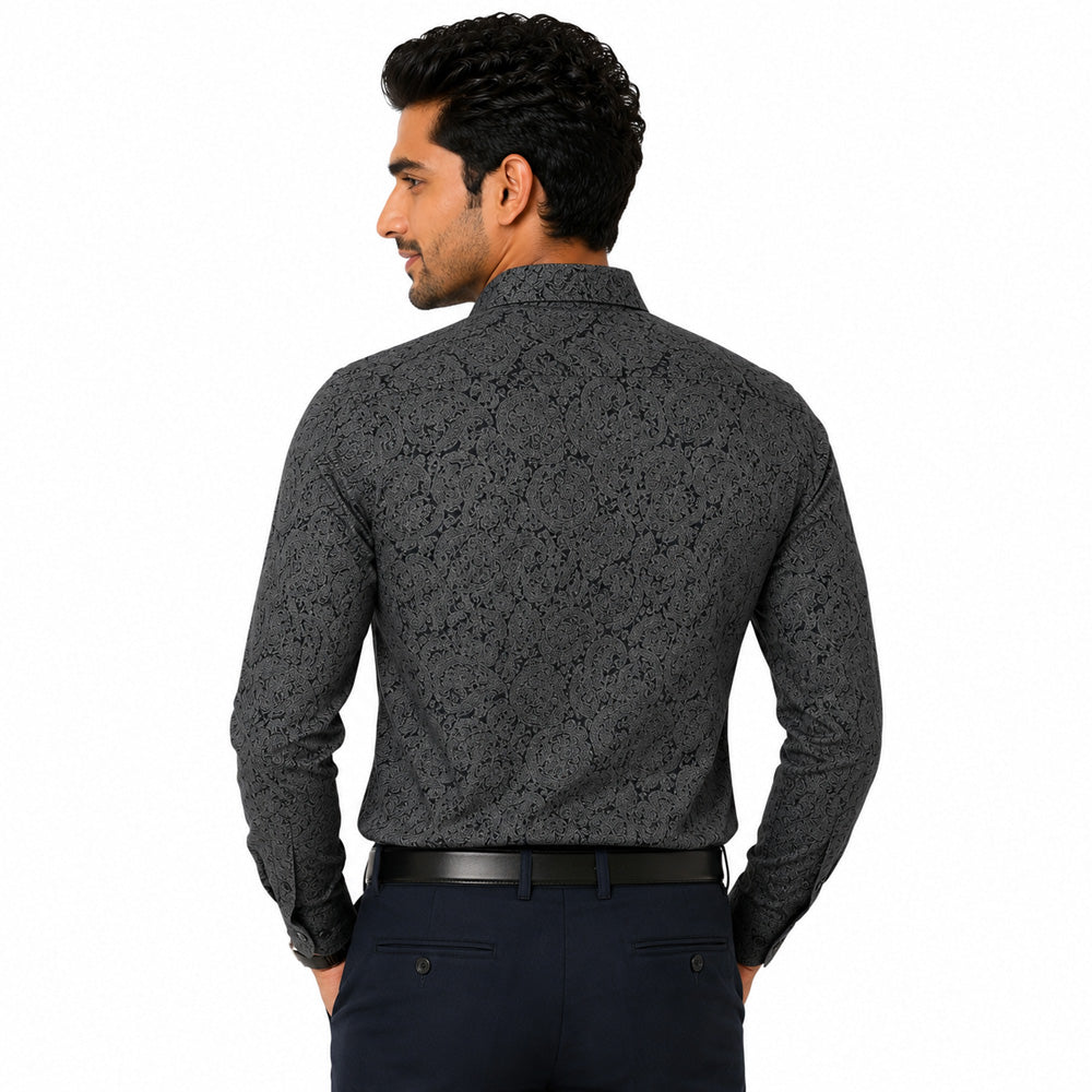 Men's Printed Regular Fit  Semi Formal Shirt | Black | Premium | 100% Cotton | Full Sleeves | Single Chest Pocket