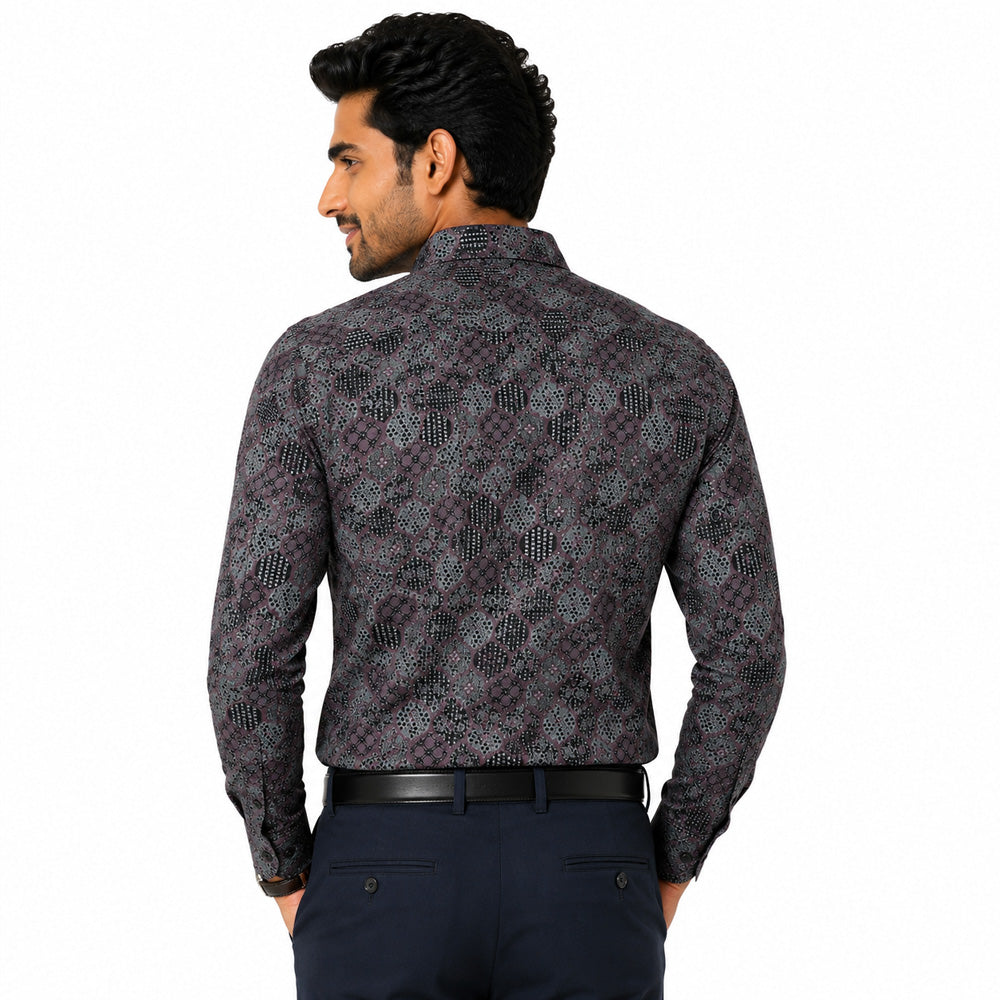 Men's Printed Regular Fit  Semi Formal Shirt | Wine Black | Premium | 100% Cotton | Full Sleeves | Single Chest Pocket
