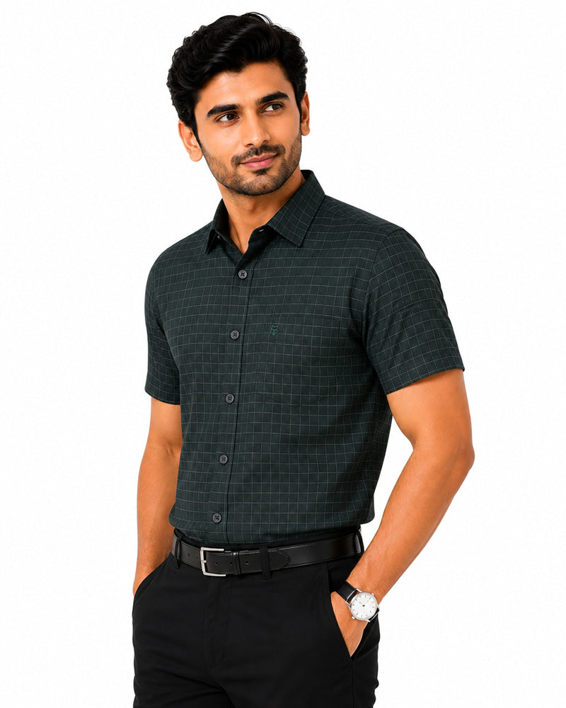 Men's Checkered Regular Fit Formal Shirt | Wine with Grey Checks | Premium | Pure Cotton | Half Sleeves | Single Chest Pocket