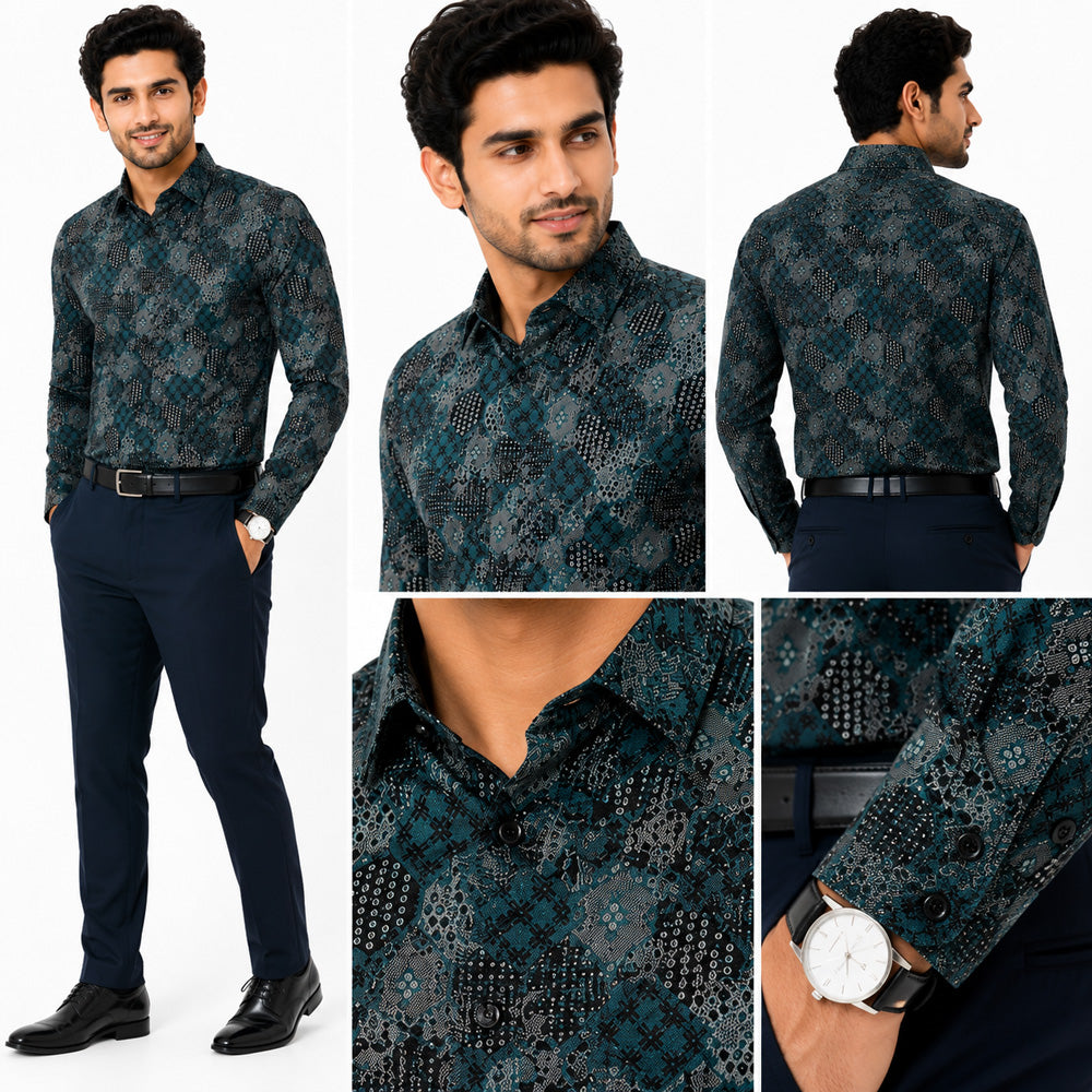 Men's Printed Regular Fit  Semi Formal Shirt | Wine Black | Premium | 100% Cotton | Full Sleeves | Single Chest Pocket