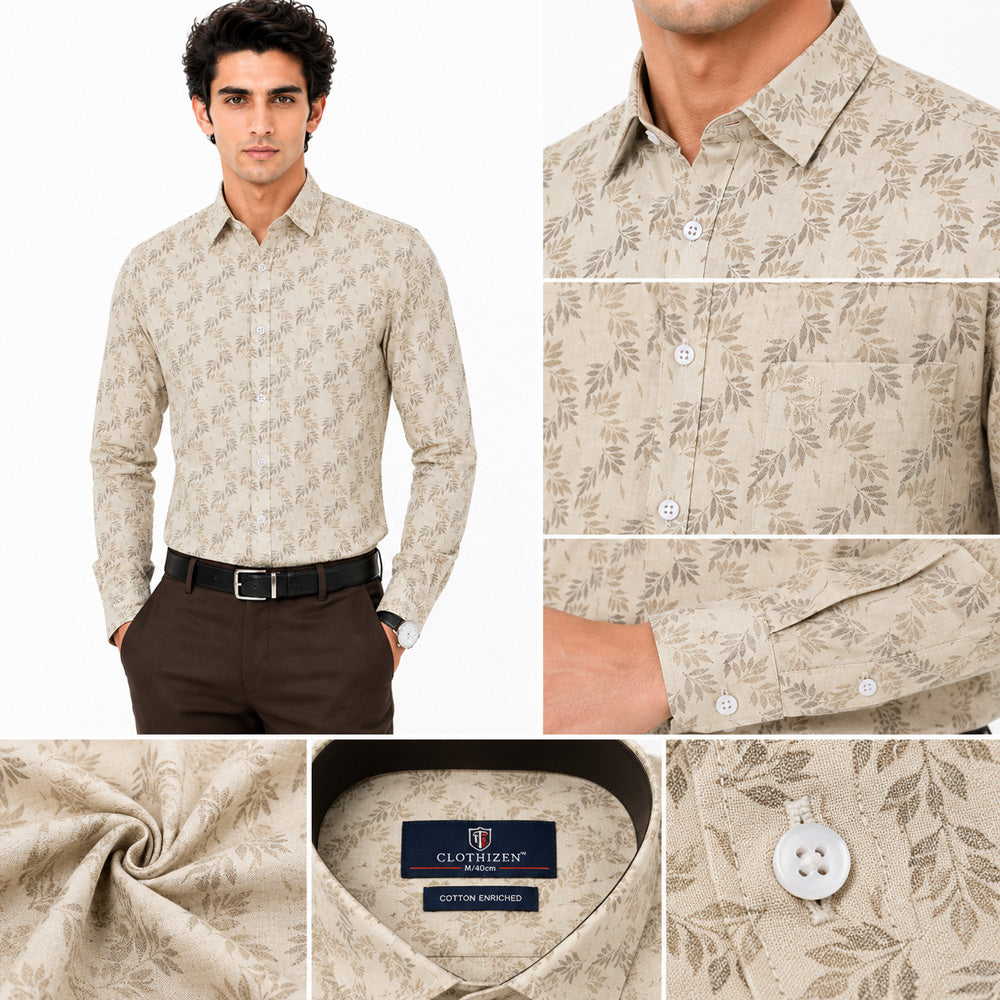 Men's Printed Regular Fit Semi Formal Shirt | Cream | Premium | Cotton Enriched | Full Sleeves | Single Chest Pocket