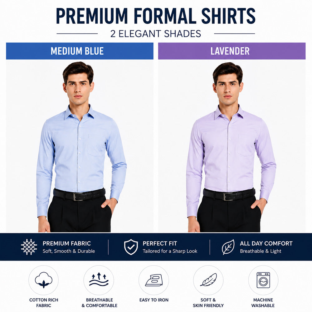 Clothizen Men's Solid Formal Shirt pack of 2 Medium Blue | Lavender | Premium | Cotton Enriched | Full Sleeves | Comfort Fit | Single Chest Pocket