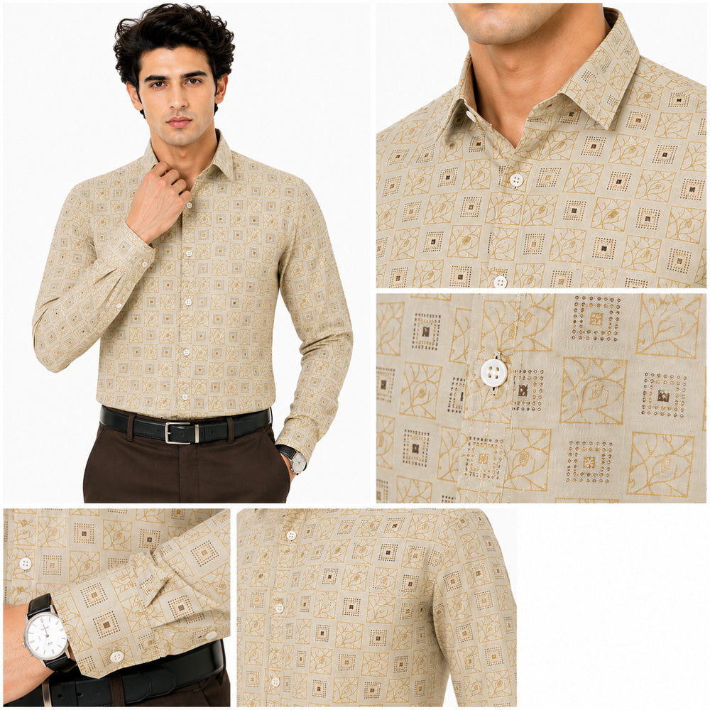 Men's Printed Regular Fit Semi Formal Shirt | Cream | Premium | Cotton Enriched | Full Sleeves | Single Chest Pocket