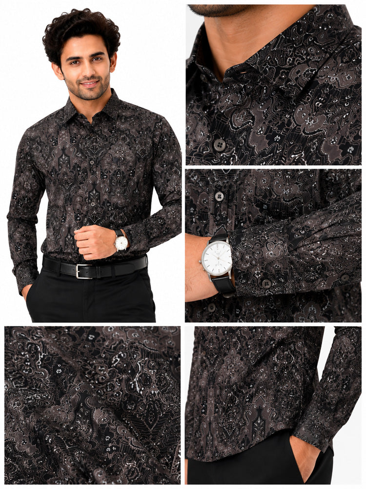 Men's Printed Regular Fit  Semi   Formal Shirt | Coffee Brown | Premium | 100% Cotton | Full Sleeves | Single Chest Pocket