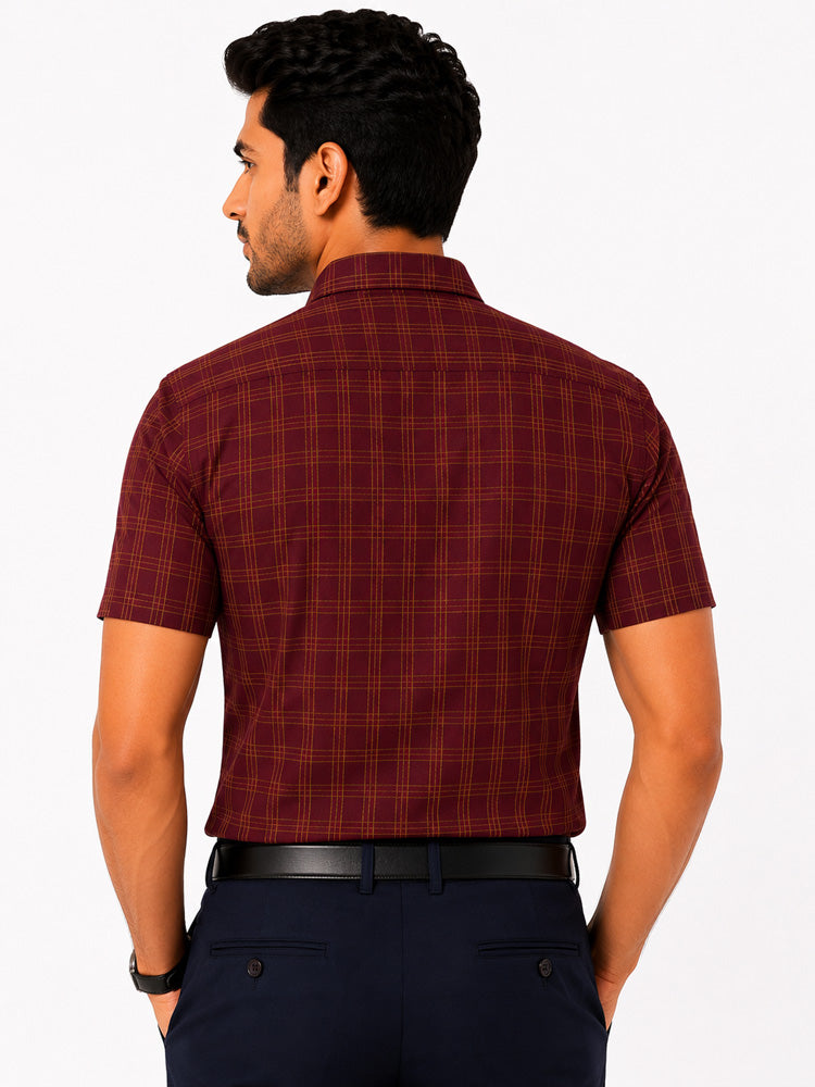 Men's Checkered Regular Fit Formal Shirt | Charcoal Grey with Copper Checks | Premium | Pure Cotton | Half Sleeves | Single Chest Pocket