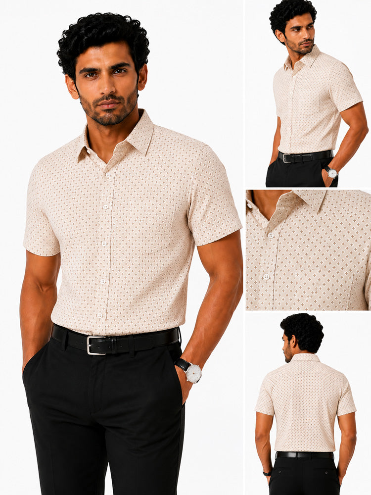 Men's Printed Slim Fit Semi Formal Shirt | Light Beige| Premium | Cotton | Half Sleeves | Single Chest Pocket