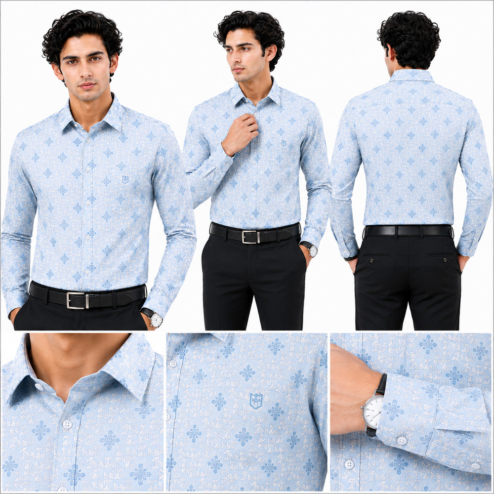 Men's Printed Regular Fit  Semi   Formal Shirt | Sky Blue | Premium | 100% Cotton | Full Sleeves | Single Chest Pocket