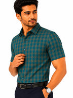 Men's Checkered Regular Fit Formal Shirt | Charcoal Grey with Copper Checks | Premium | Pure Cotton | Half Sleeves | Single Chest Pocket
