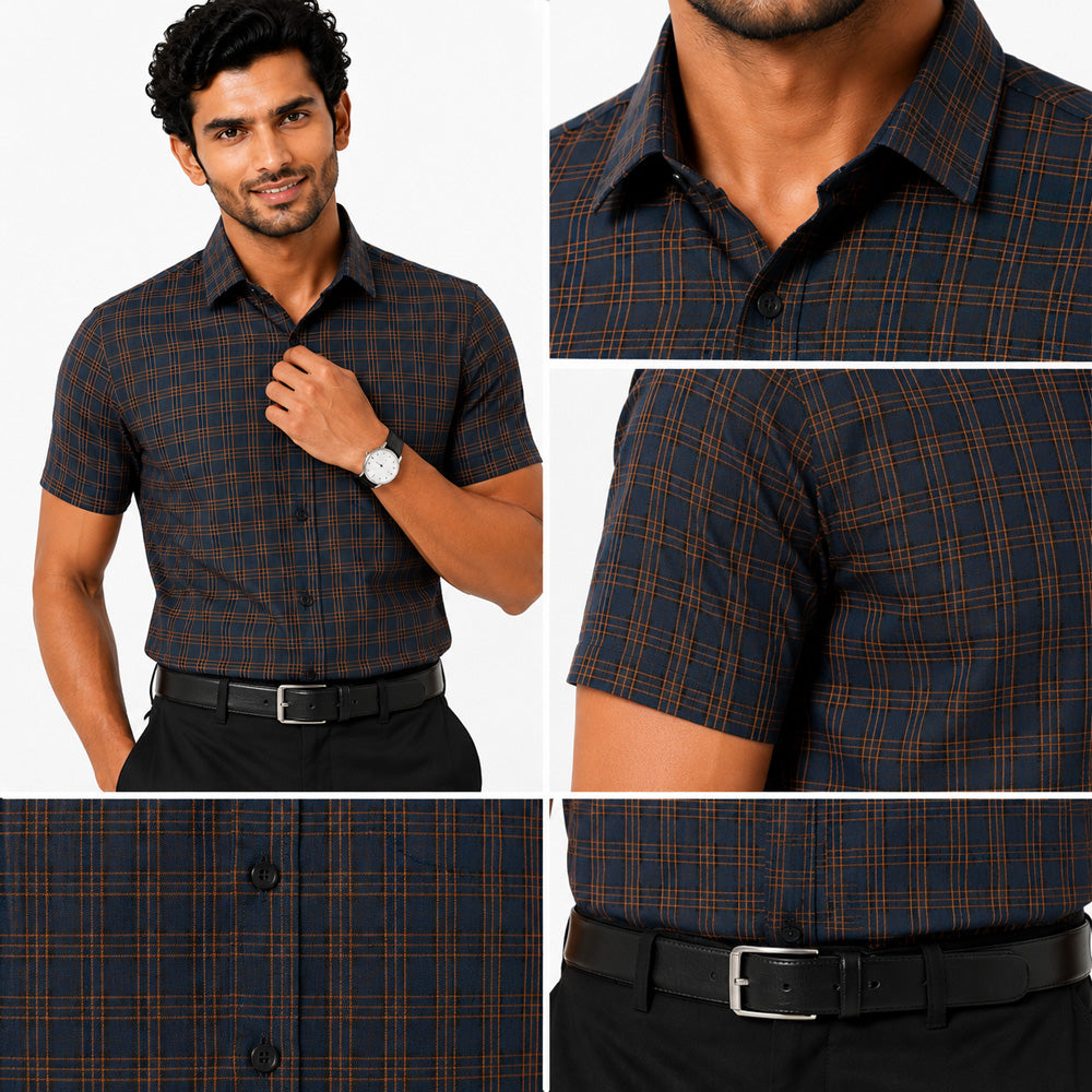 Men's Checkered Regular Fit Formal Shirt | Charcoal Grey with Copper Checks | Premium | Pure Cotton | Half Sleeves | Single Chest Pocket