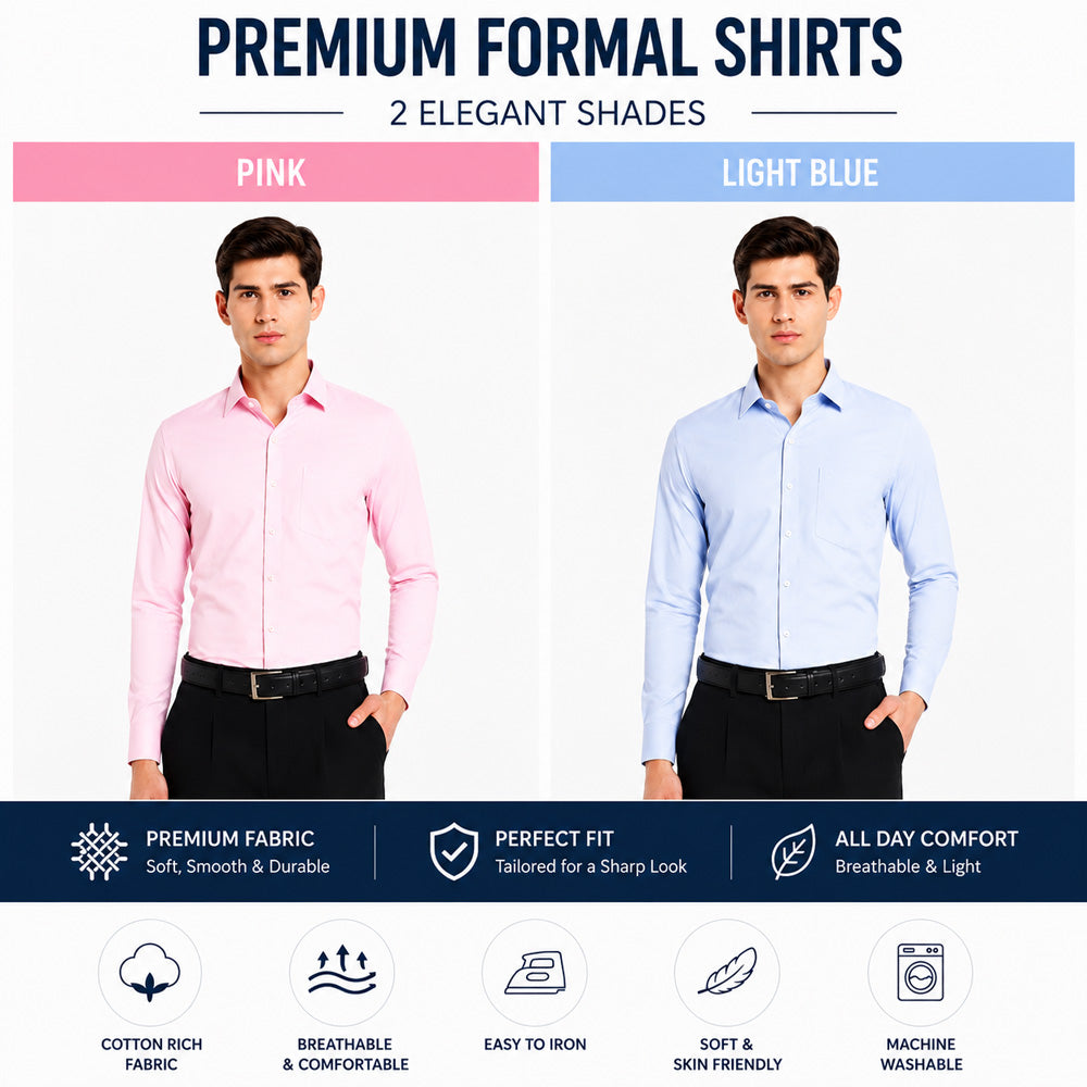 Clothizen Men's Solid Formal Shirt pack of 2 Light Blue | Pink | Premium | Cotton Enriched | Full Sleeves | Comfort Fit | Single Chest Pocket