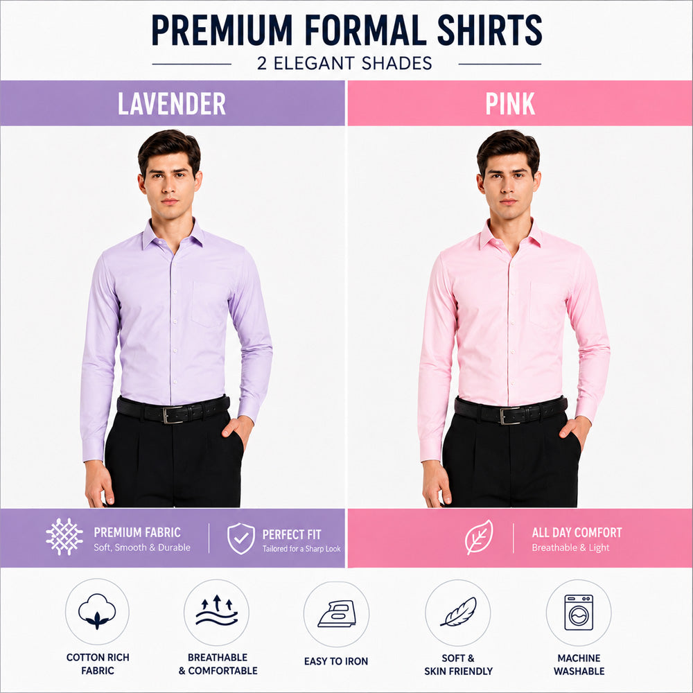 Clothizen Men's Solid Formal Shirt pack of 2 Lavender | Pink| Premium | Cotton Enriched | Full Sleeves | Comfort Fit | Single Chest Pocket