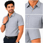 Men's Printed Regular Fit Formal Shirt | Ice Grey with Slate Grey Geometric Print | Premium | Pure Cotton | Half Sleeves | Single Chest Pocket