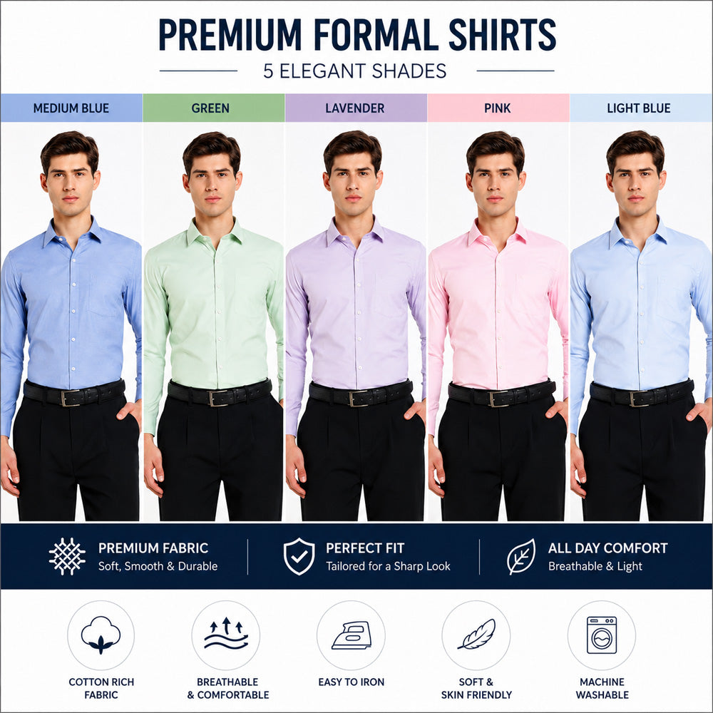 Clothizen Men's Solid Formal Shirt pack of 5 | Medium Blue| Green | Lavender | Pink | Light Blue | Premium | Cotton Enriched | Full Sleeves | Comfort Fit | Single Chest Pocket