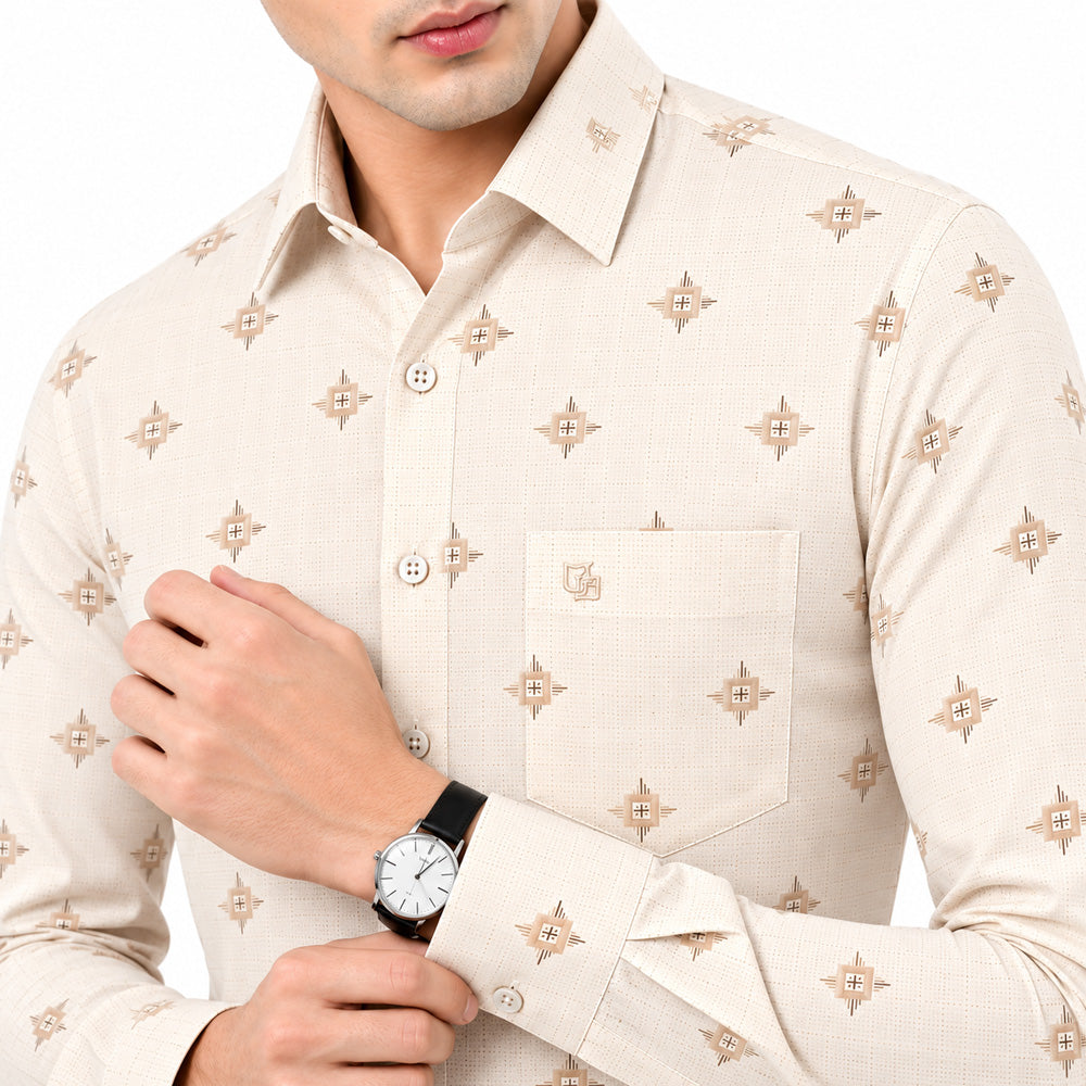 Men's Printed Regular Fit Semi Formal Shirt | Light Grey | Premium | Cotton Enriched | Full Sleeves | Single Chest Pocket