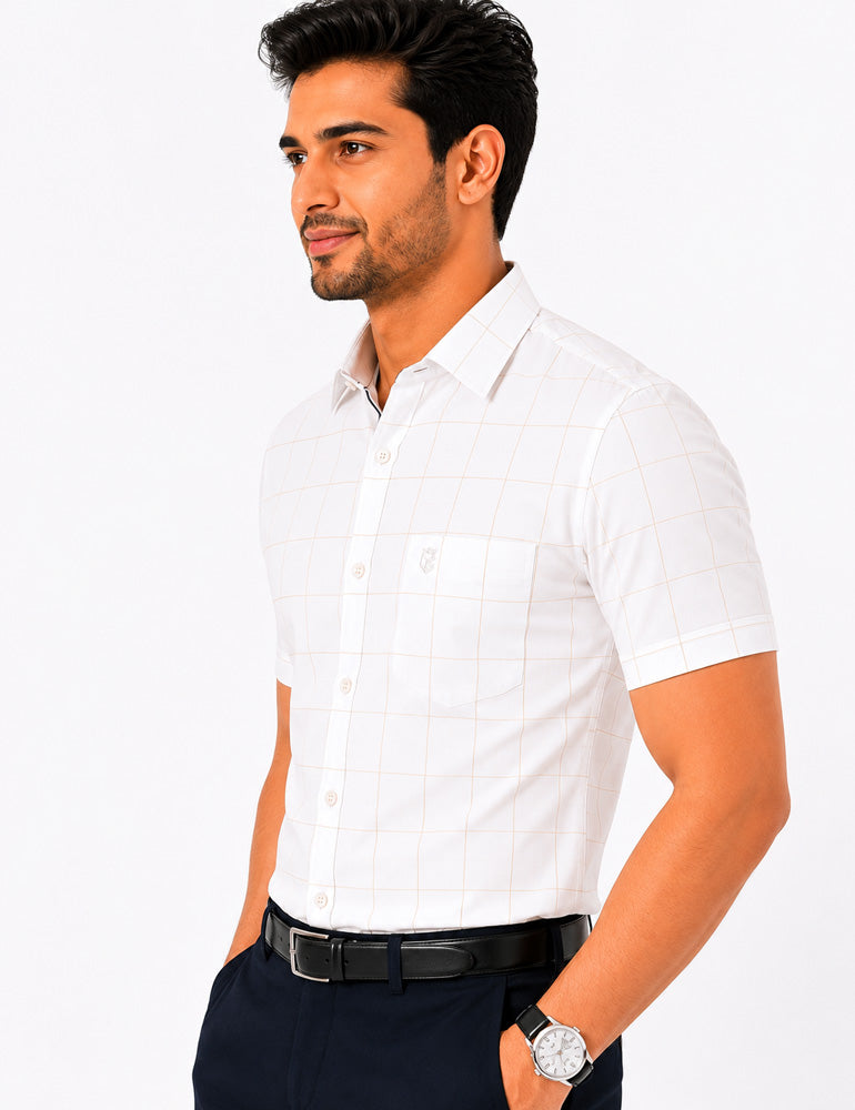 Men's Checkered Regular Fit Formal Shirt | White with Black Checks | Premium | Pure Cotton | Half Sleeves | Single Chest Pocket