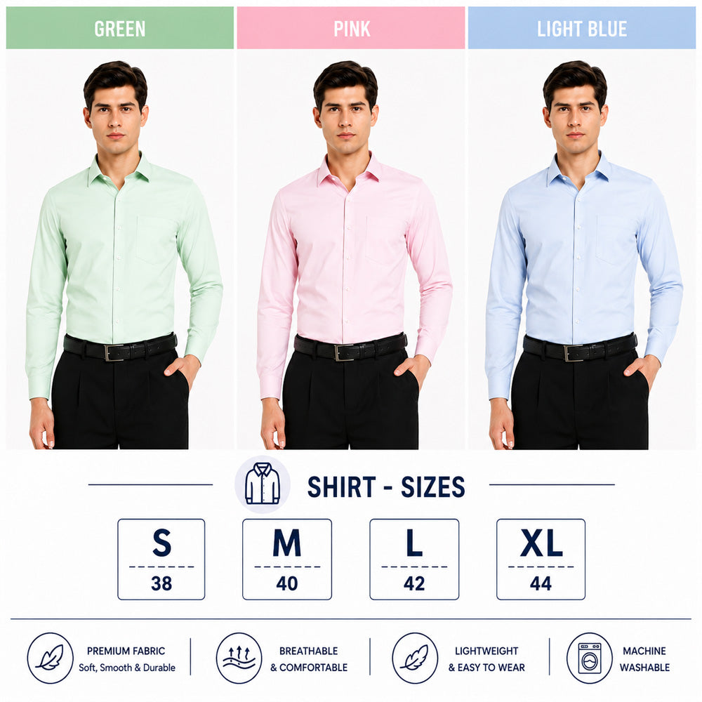 Clothizen Men's Solid Formal Shirt pack of 3 | Light Blue | Green | Pink | Premium | Cotton Enriched | Full Sleeves | Comfort Fit | Single Chest Pocket
