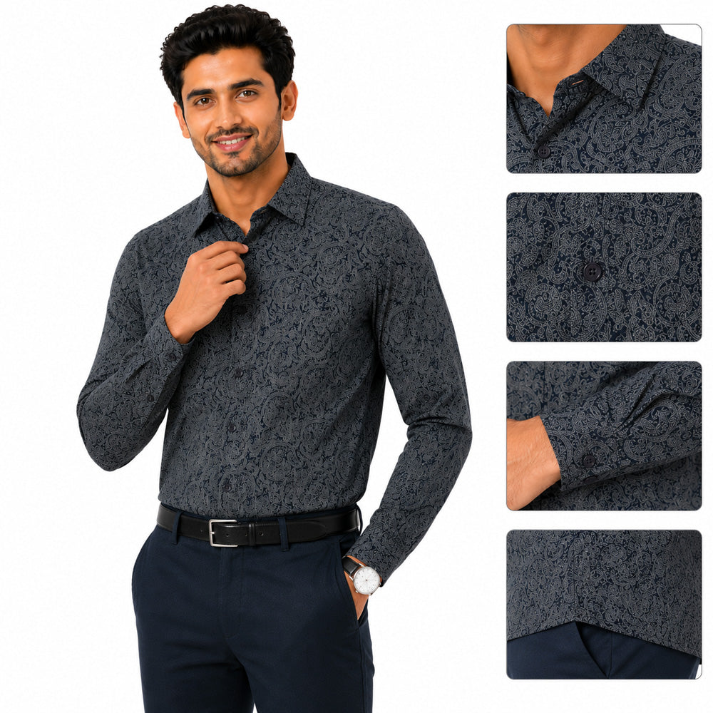 Men's Printed Regular Fit  Semi Formal Shirt | Black | Premium | 100% Cotton | Full Sleeves | Single Chest Pocket
