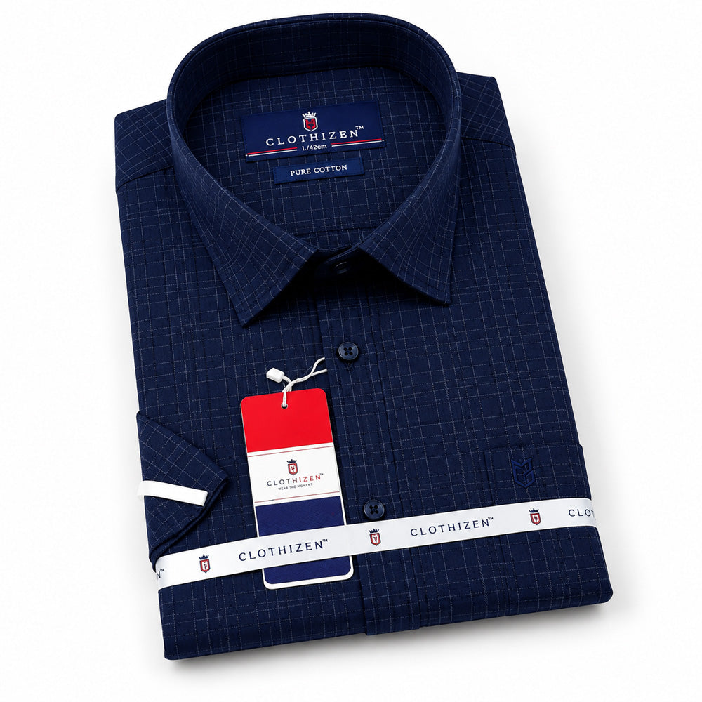Men's Checkered Regular Fit Formal Shirt | Slate Grey with Self Checks | Premium | Pure Cotton | Half Sleeves | Single Chest Pocket