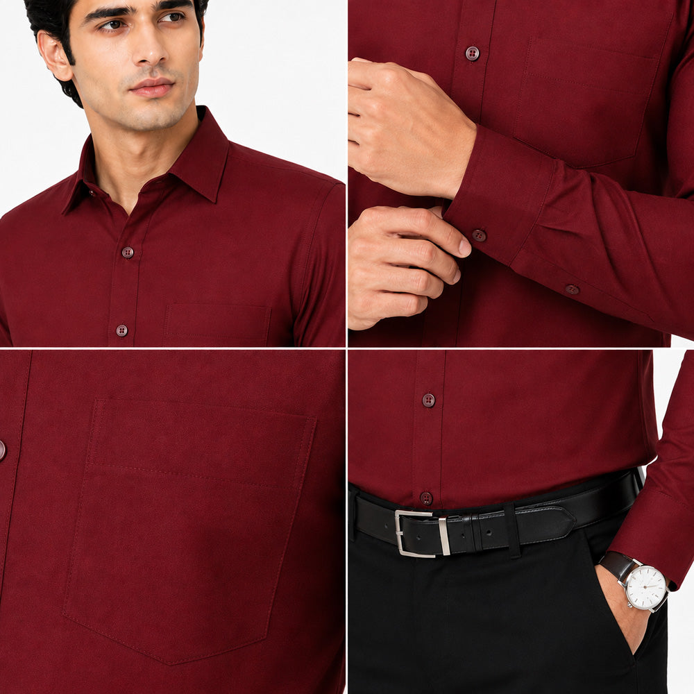 Clothizen Men's Solid Formal Shirt | Deep Maroon | Premium | Cotton Enriched | Full Sleeves | Comfort Fit | Single Chest Pocket